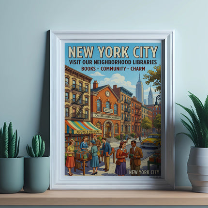 New York City Chelsea Branch Library poster featuring colorful buildings and people.