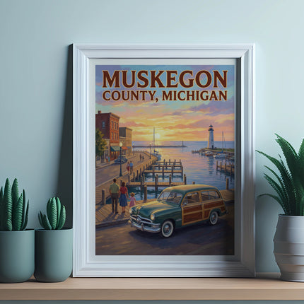 Poster with "MUSKEGON COUNTY, MICHIGAN" over a waterfront scene with a classic car.