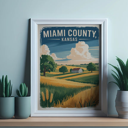 Framed poster of Miami County, Kansas landscape with farmhouse and wheat fields.