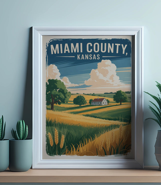 Framed poster of Miami County, Kansas landscape with farmhouse and wheat fields.