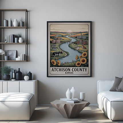 Attchison County Kansas poster with river, fields, sunflowers, and a dog.