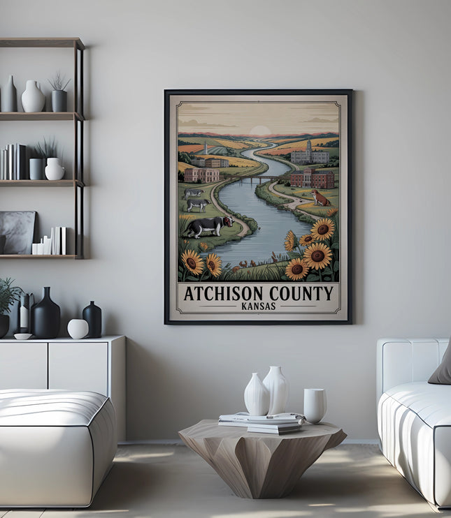 Attchison County Kansas poster with river, fields, sunflowers, and a dog.