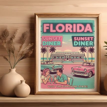 Framed retro "Florida Sunset Diner" poster with classic cars and couple.