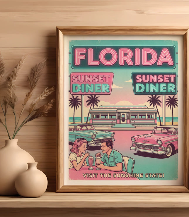 Framed retro "Florida Sunset Diner" poster with classic cars and couple.