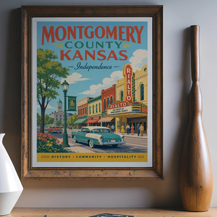 Vintage poster for Montgomery County, Kansas, featuring Rialto theater and downtown Independence.