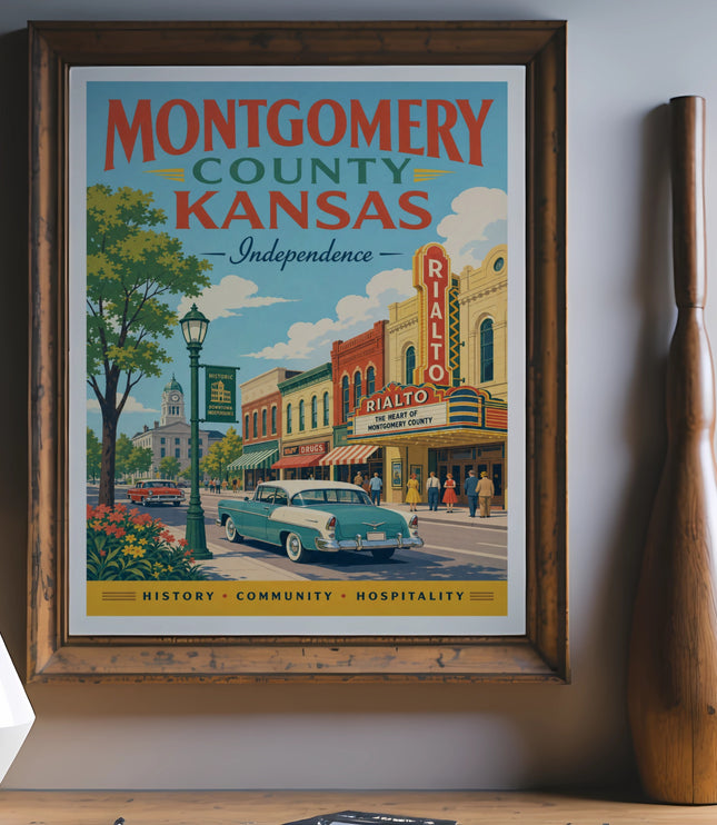 Vintage poster for Montgomery County, Kansas, featuring Rialto theater and downtown Independence.