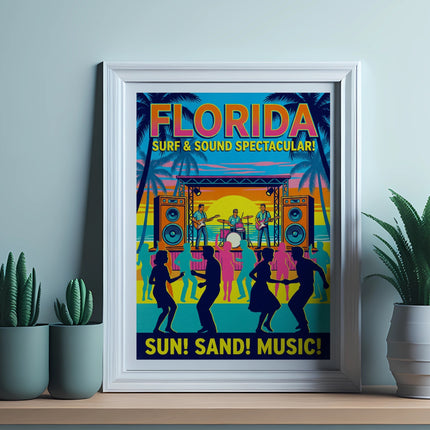 Florida Surf and Sound Spectacular poster with silhouetted dancers and band.