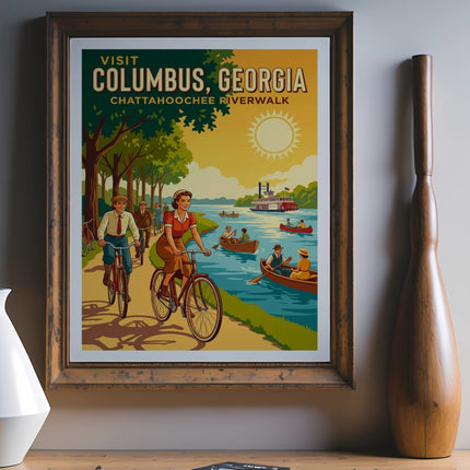 Vintage travel poster for Columbus, Georgia, showing people cycling and boating.