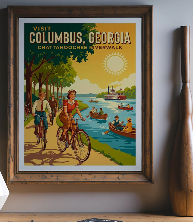 Vintage travel poster for Columbus, Georgia, showing people cycling and boating.