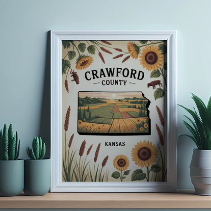Framed map of Crawford County, Kansas, with sunflowers and fields.