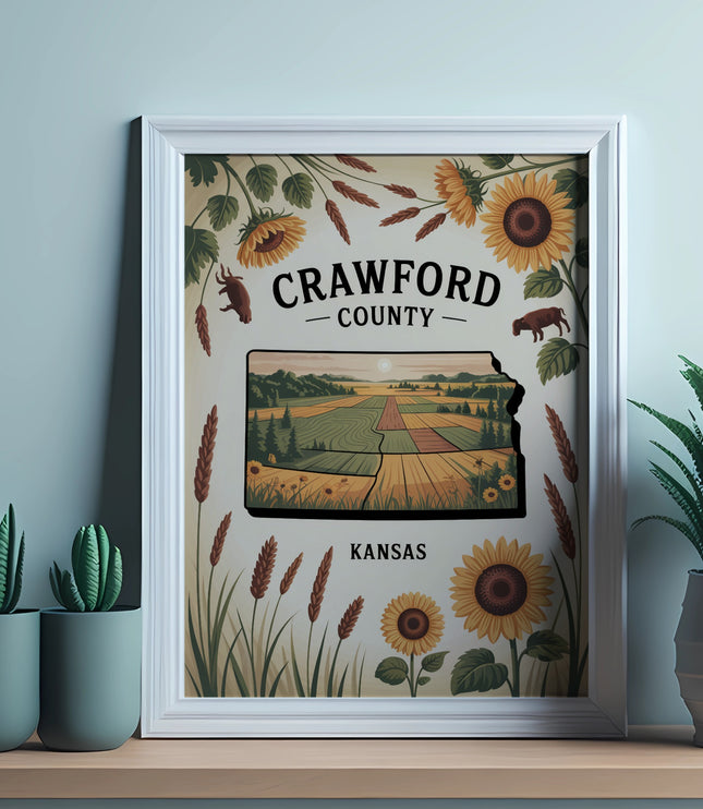 Framed map of Crawford County, Kansas, with sunflowers and fields.