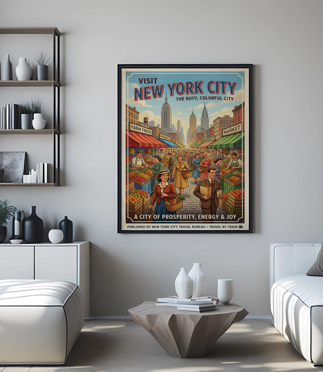 Visit New York City poster, vintage style, depicts a busy market scene with skyscrapers.