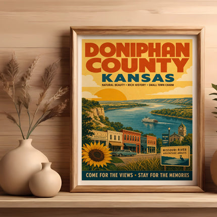 Doniphan County Kansas vintage travel poster with river scene and text.