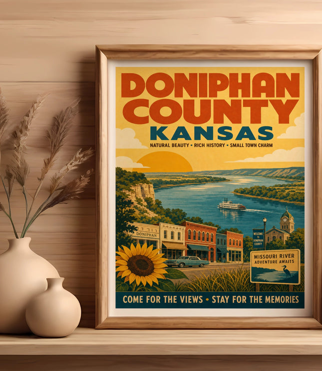 Doniphan County Kansas vintage travel poster with river scene and text.