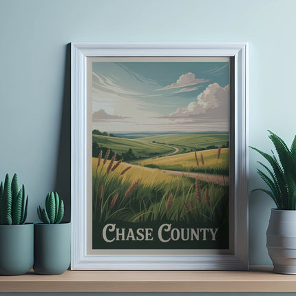 Framed artwork displays "Chase County" with rolling hills and fields.