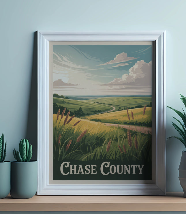 Framed artwork displays "Chase County" with rolling hills and fields.