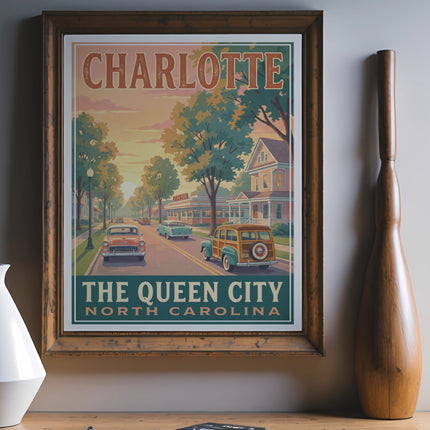 "Charlotte The Queen City North Carolina" poster in a wooden frame with vintage cars and houses.