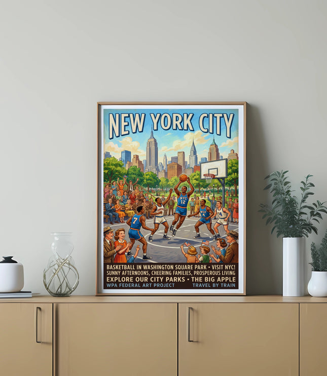 New York City poster showing basketball in Washington Square Park with skyline.