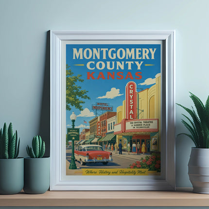 Vintage Montgomery County, Kansas travel poster with a classic car and Crystal Theatre.