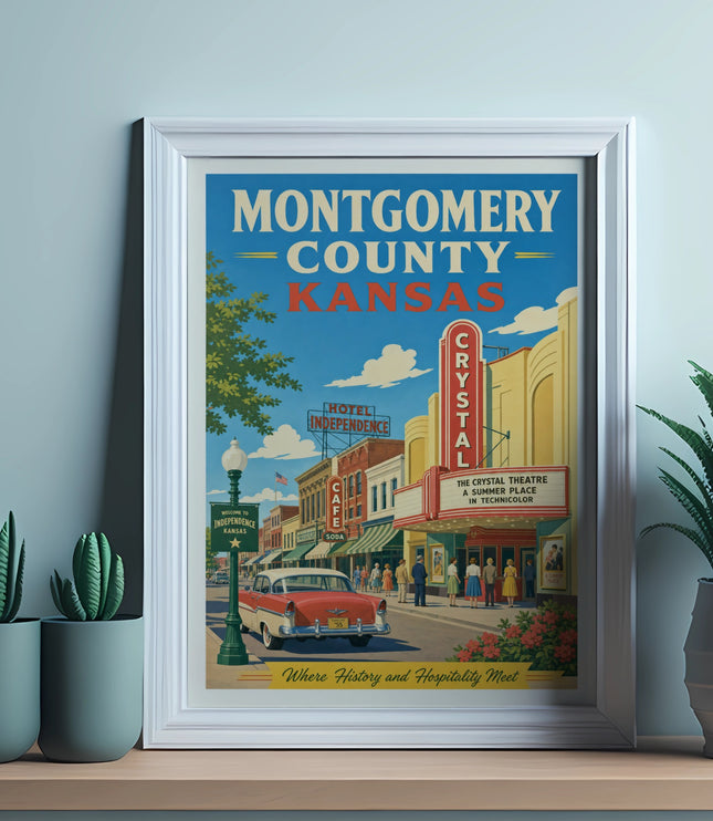 Vintage Montgomery County, Kansas travel poster with a classic car and Crystal Theatre.