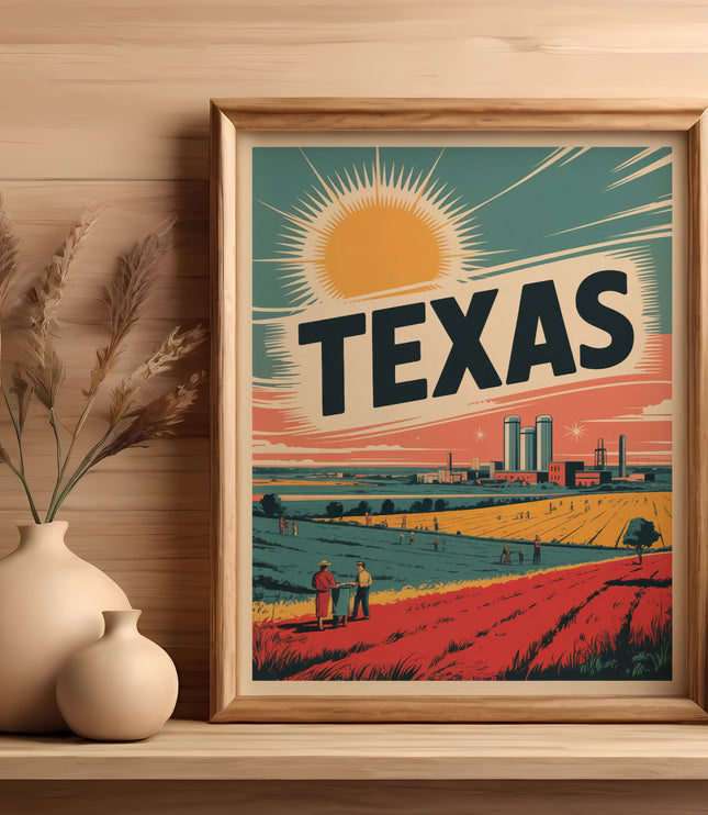 Framed retro poster of Texas with stylized sun, cityscape, and farmers in fields.