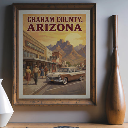 Framed vintage art of Graham County, Arizona, with Safford Mercantile and Desert Drug stores.