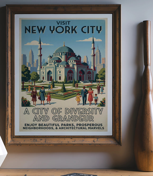 Vintage New York City travel poster featuring a mosque and skyscrapers.