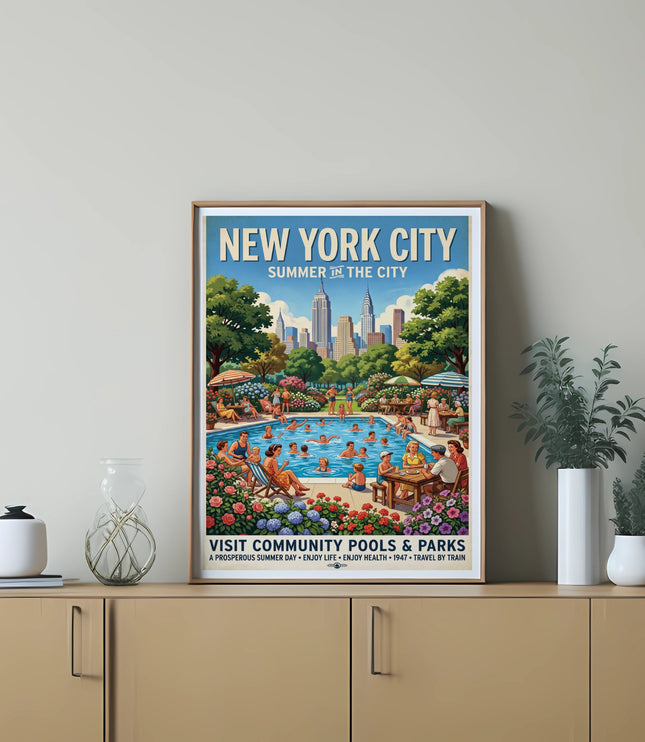 New York City summer illustration showing people at a community pool and skyline.