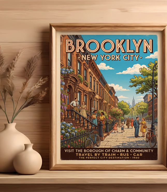 Brooklyn New York City travel poster depicting a street scene with people and buildings.