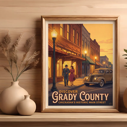 "Discover Grady County Chickasha's Historic Main Street" poster with couple and car.