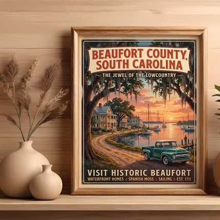 Beaufort County, South Carolina poster: waterfront homes, Spanish moss, sailing, est. 1711.