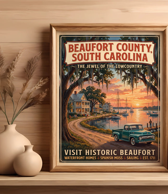 Beaufort County, South Carolina poster: waterfront homes, Spanish moss, sailing, est. 1711.