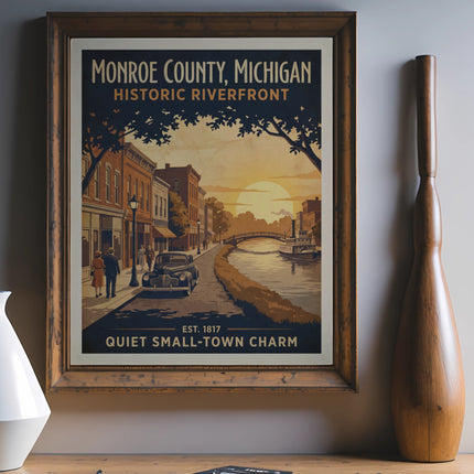 Monroe County Michigan Historic Riverfront artwork with quiet small-town charm.