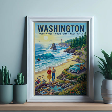 Vintage Washington Pacific Coast poster with couple, woodie car, and lighthouse.
