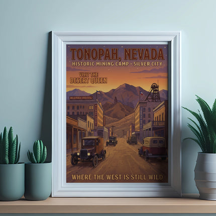 Tonopah, Nevada vintage poster with historic buildings, cars, and mining equipment.