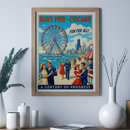 Vintage Navy Pier Chicago poster with Ferris wheel and skyline, "Fun For All!".