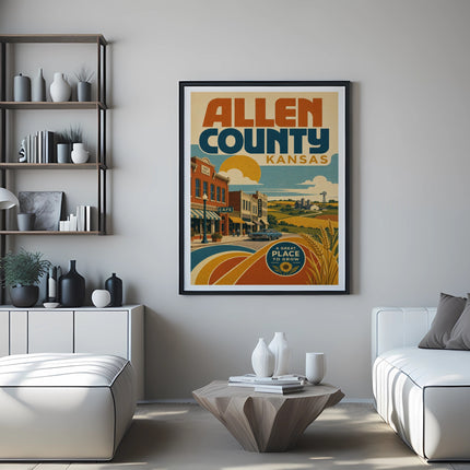 Allen County, Kansas travel poster with vintage illustration and colorful design.