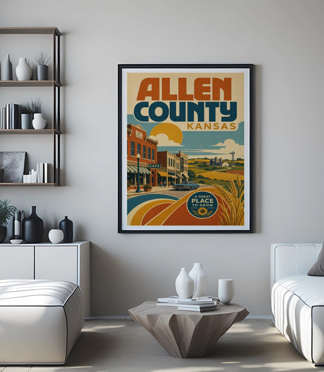 Allen County, Kansas travel poster with vintage illustration and colorful design.