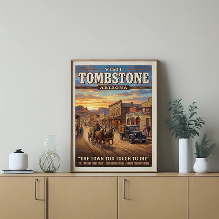 Vintage "Visit Tombstone Arizona" poster with western scene, horse-drawn carriage, and truck.
