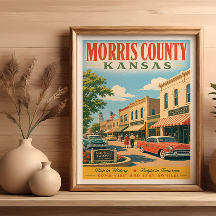 Vintage travel poster for Council Grove, Morris County, Kansas.
