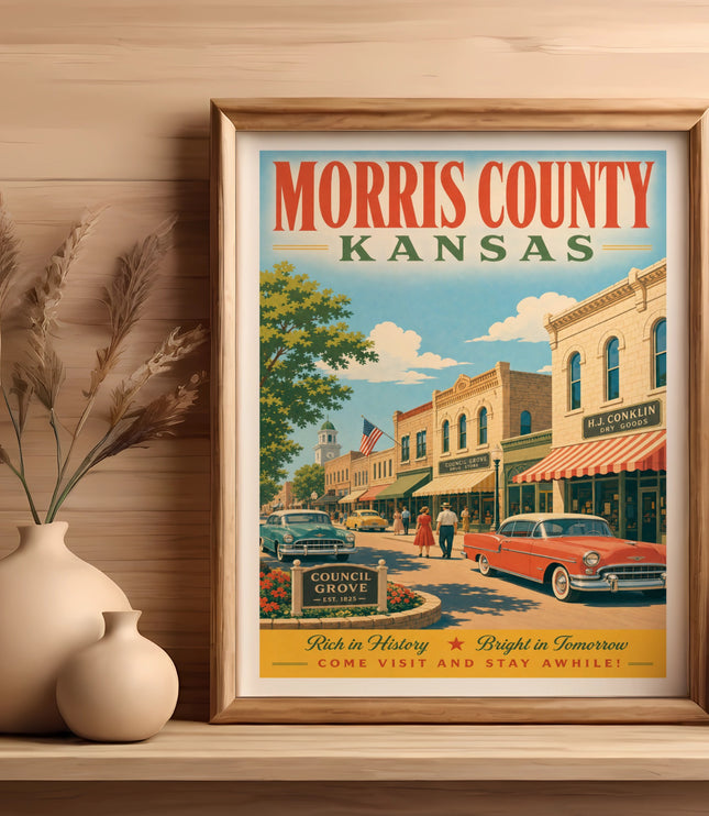 Vintage travel poster for Council Grove, Morris County, Kansas.