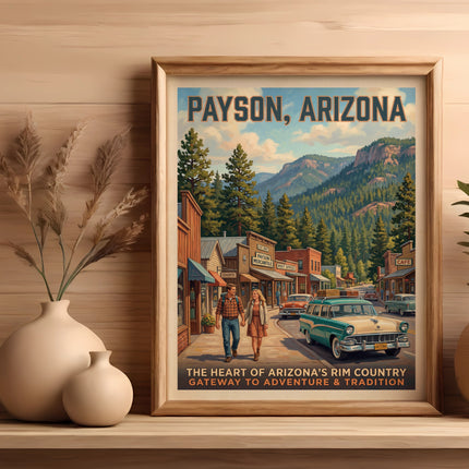 Payson, Arizona vintage poster showing a couple walking past shops and cars.