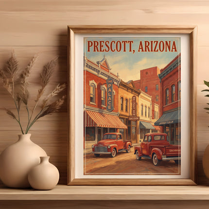 Prescott, Arizona vintage poster with red trucks in front of old buildings.
