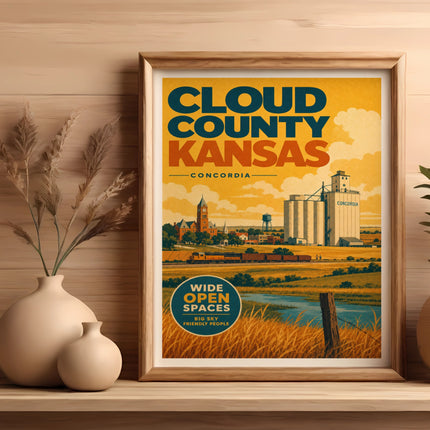 Poster for Cloud County, Kansas, featuring a grain elevator and train.