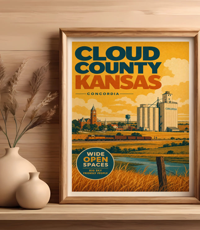 Poster for Cloud County, Kansas, featuring a grain elevator and train.