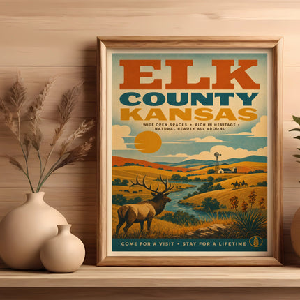 Elk County Kansas vintage poster with elk by river, rolling hills, and text.