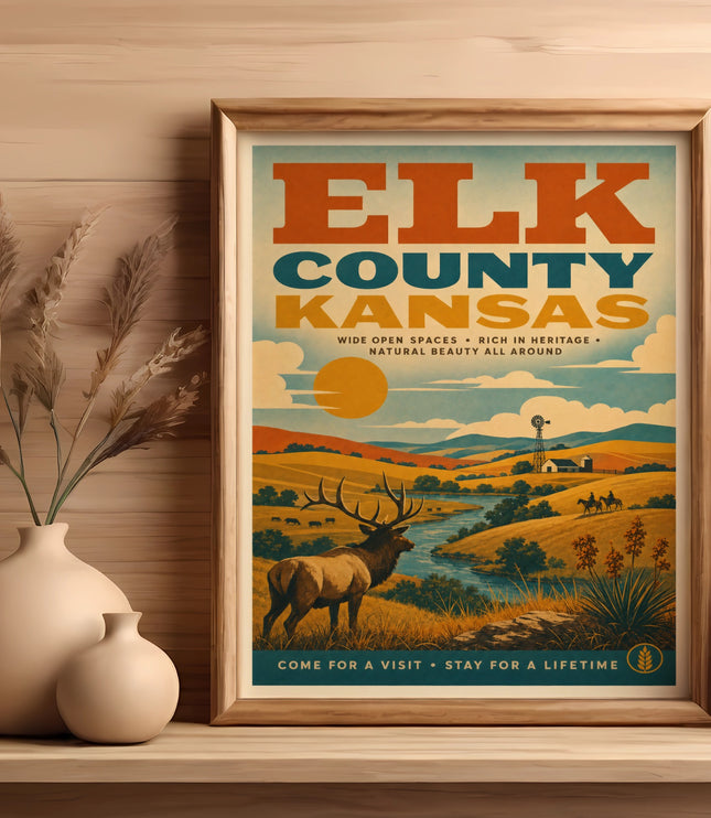 Elk County Kansas vintage poster with elk by river, rolling hills, and text.