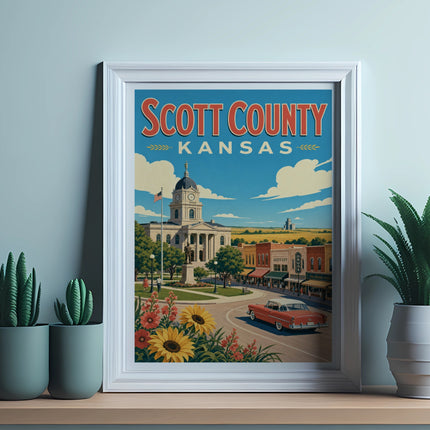 Scott County, Kansas vintage travel poster featuring a courthouse and classic car.
