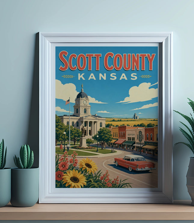 Scott County, Kansas vintage travel poster featuring a courthouse and classic car.