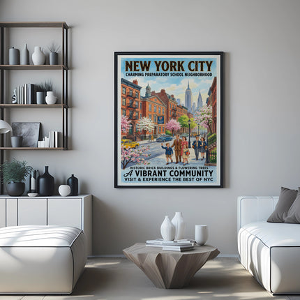 New York City poster with historic buildings, flowering trees, and text.